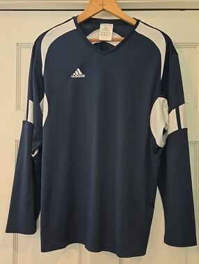 adidas Navy and White Long-Sleeve V-Neck Training Tee